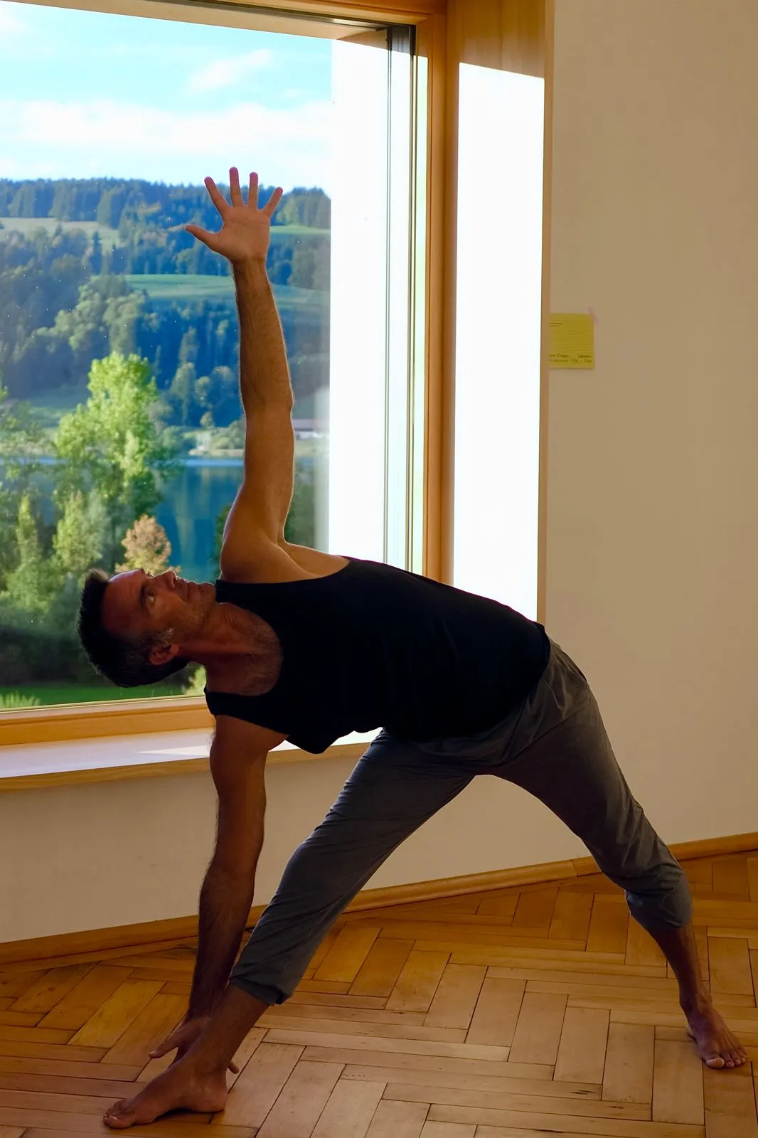 Daniel im Dreieck vor dem Fenster mit Blick auf den Alpsee